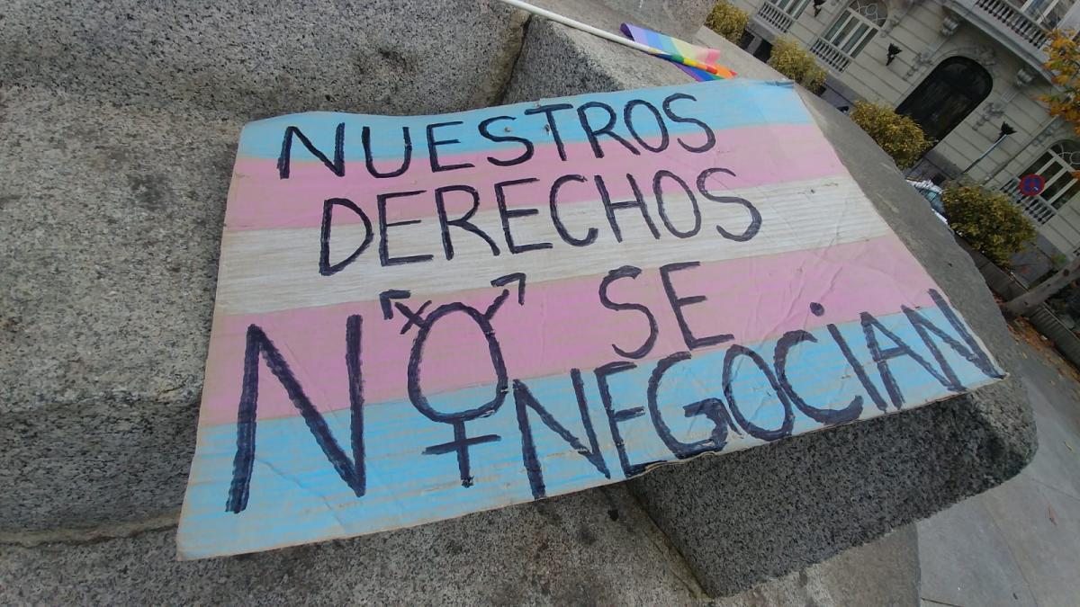 Eslogan y bandera trans: "Nuestros derechos no se negocian" (Julin Rebollo)